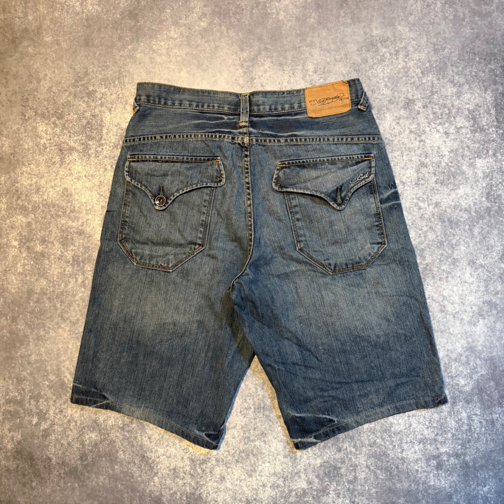 Ed Hardy Mens Blue Denim Jean Shorts Size 34 Christian Audigier Y2K Baggy Skater